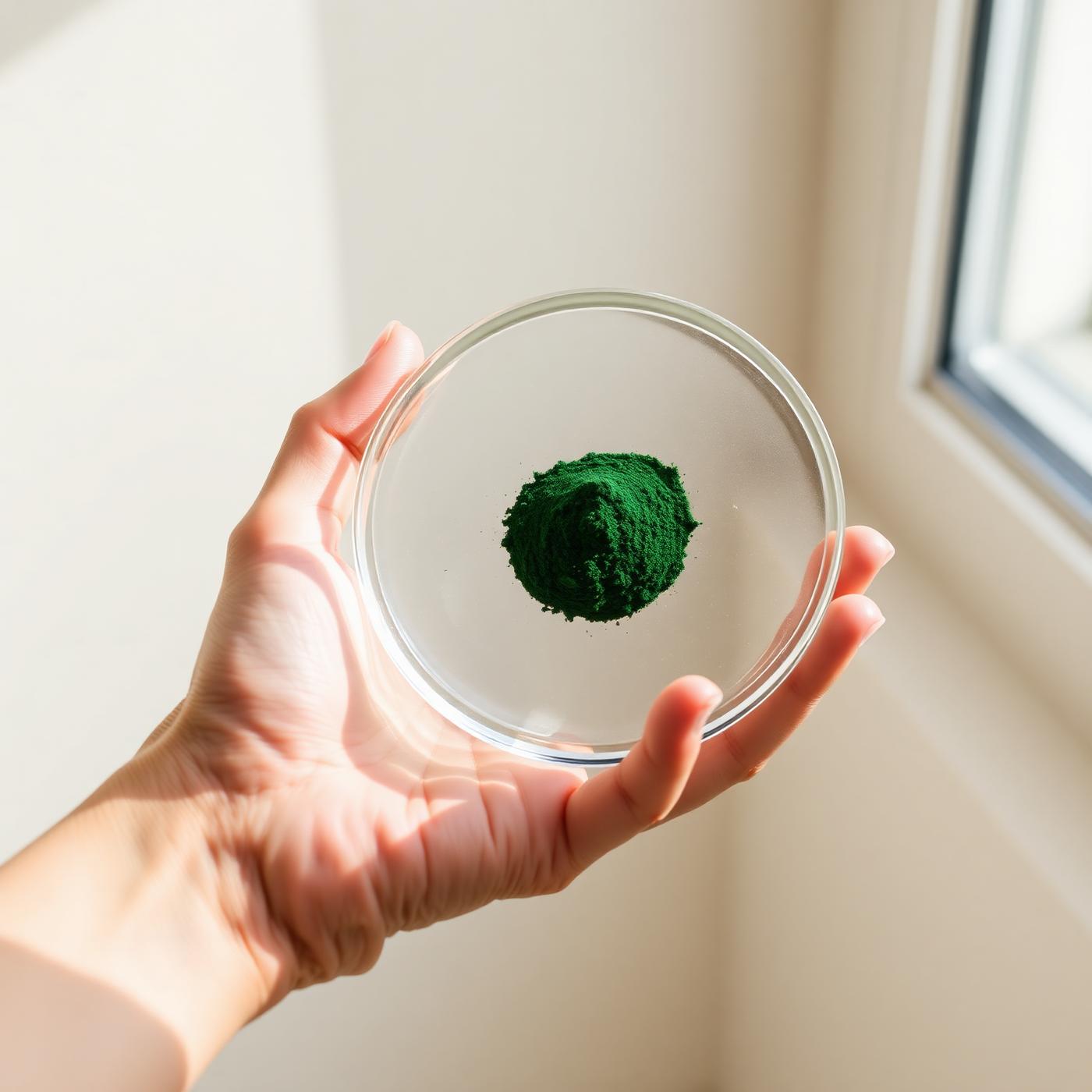 Microalgae biomass in a laboratory glass plate